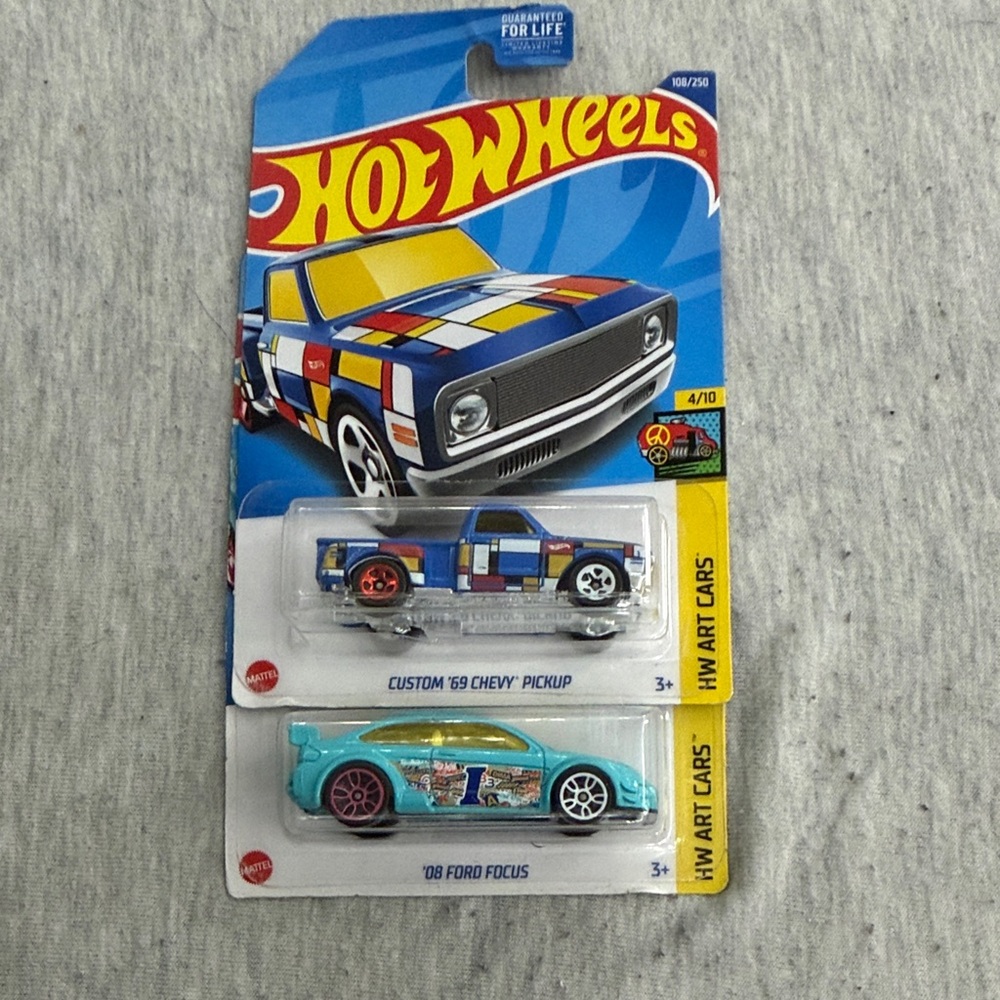 HW Art Cars Pack - Blue Multicolor Custom '69 Chevy Pickup & Teal '08 Ford Focus